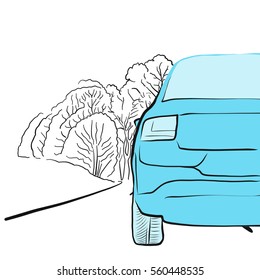 Car detail on smooth street, illustration, Hand drawn Vector Artwork