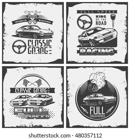 car detailed emblem set with descriptions of classic garage, racing, full speed. print with grunge texture vector illustration