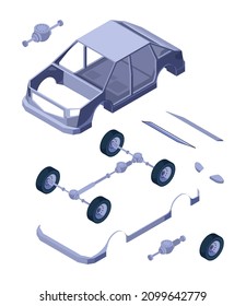 Car Detailed Isometric. Auto Service Tools Vehicle Parts Engine Filters Machined Muffler Vehicles Wheels Garish Vector Creation Kit