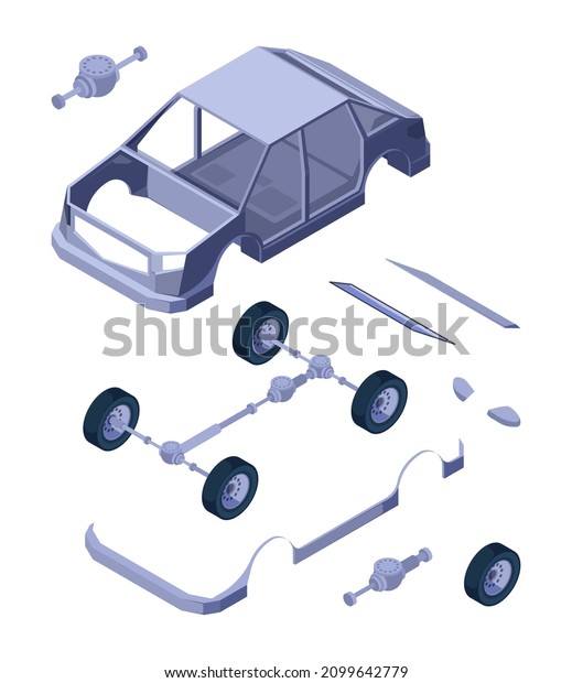 Car detailed isometric. Auto service tools vehicle\
parts engine filters machined muffler vehicles wheels garish vector\
creation kit
