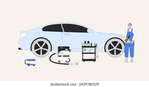 Car detailer. Repair auto. Polish remove scratch on vehicle and vacuum clean. Young worker with automobile garage prepare to restoration. Vector illustration. svg