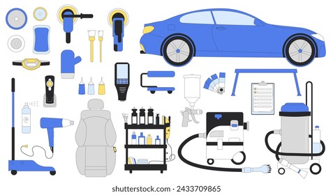 Car detailing equipment set. Vector illustration kit of isolated automobile service tools. Polish, vacuum wash painting waxing dry cleaning leather repair body and interior.