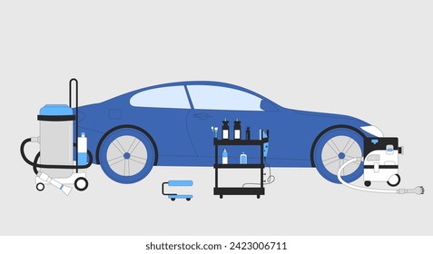Car detailing. Repair auto polish remove scratch on vehicle and vacuum clean. Prepare to restoration, waxing and wash. Vector illustration. svg