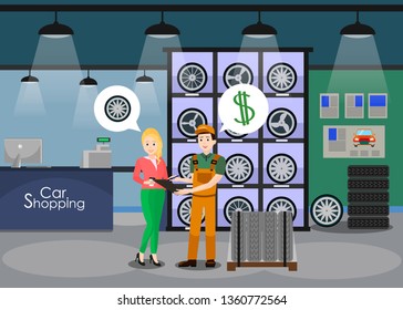 Car Details Shop Interior Flat Vector Illustration. Female Client, Woman, Girl Buying New Wheels, Tires. Cartoon Mechanic, Shop Assistant Showing Check, Receipt, Product Specification