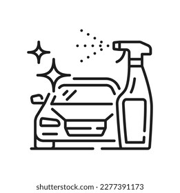 Pulverizador de detergente para el automóvil, limpieza de vehículos y lavado icono de contorno aislado. Automóvil limpio vectorial, línea delgada filtrante, mantenimiento automático