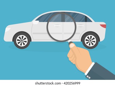 Car diagnostic concept. Hand with magnifying glass inspecting a car. Flat style