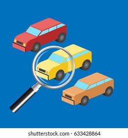 Car diagnostic concept. Hand with magnifying glass inspecting a car. Flat style