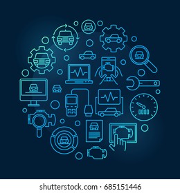 Car diagnostic round blue illustration. Vector automotive diagnostics circular symbol on dark background