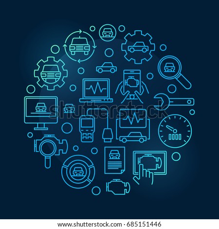 Car diagnostic round blue illustration. Vector automotive diagnostics circular symbol on dark background