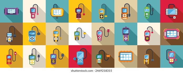 Car diagnostic scanner icons set vector. A collection of electronic devices, including a cell phone, a tablet, and a laptop