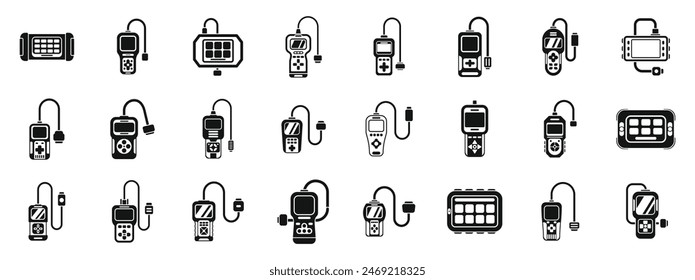 Car diagnostic scanner icons set vector. A collection of electronic devices including a cell phone, a remote control, and a video game controller