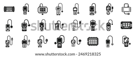 Car diagnostic scanner icons set vector. A collection of electronic devices including a cell phone, a remote control, and a video game controller