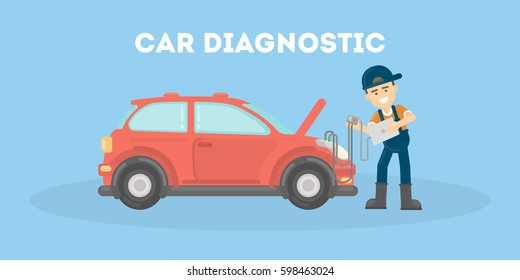 Car diagnostic in service center. Repairman checks the car's parts and engine.