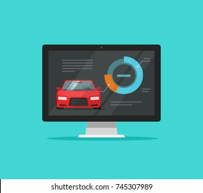 Car diagnostic test on computer vector illustration, flat design auto diagnostics or check results on pc monitor tool, automobile diagnose equipment