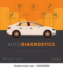 Car diagnostics background template. Auto inspection or garage repair service concept. Flat vector background. Vehicle appraisal web banner.