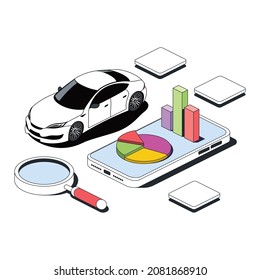 Autodiagnostik, Diagramme auf dem Smartphone-Bildschirm. Vektorgrafik 3D-Skizze isometrischer Stil, farbige Icon-Illustration. Kreative Design-Idee und Infografik-Elemente.