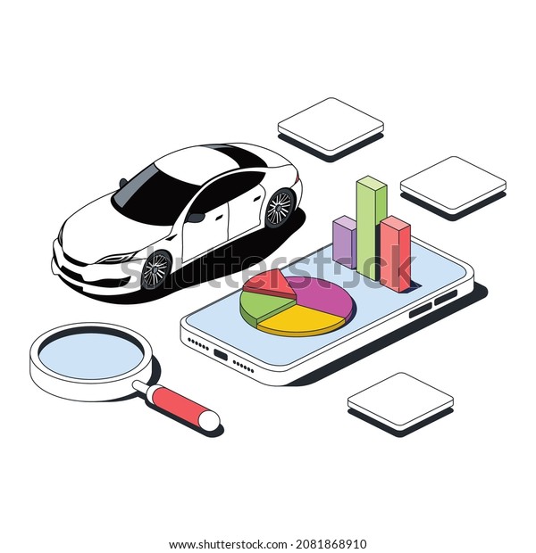 Car diagnostics, charts chart\
on smartphone screen. Vector 3d sketch line isometric style, color\
icon illustration. Creative design idea and infographics\
elements.