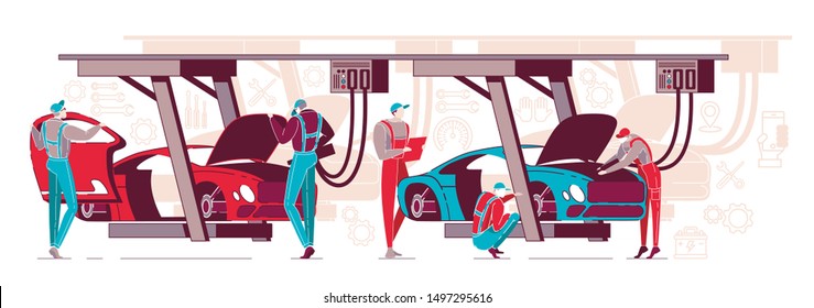 Car Diagnostics Done by Workers. Car Repair Autoservice Center or Garage Interior with Mechanics Testing Lifted Vehicles Flat Cartoon Vector Illustration. Equipment for Reparing Transport.