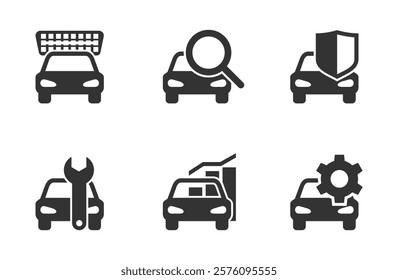 Car diagnostics icons set for OBD and OBD2 devices - automobile silhouette with different statistics, diagnosis and report pictograms. In monochrome style