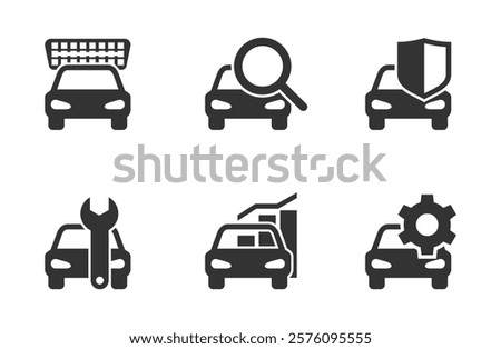 Car diagnostics icons set for OBD and OBD2 devices - automobile silhouette with different statistics, diagnosis and report pictograms. In monochrome style