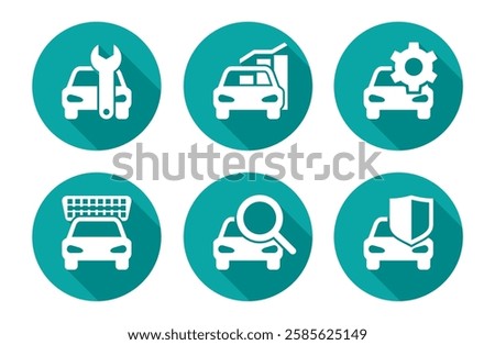 Car diagnostics icons set for OBD and OBD2 devices - automobile silhouette with different statistics, diagnosis and report pictograms. In monochrome style and circular shape