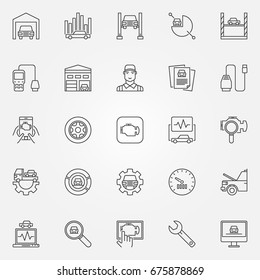 Car diagnostics icons set - vector automotive diagnostics concept signs. Car service symbols in thin line style