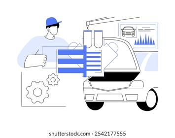 Ilustrações isoladas do vetor de desenhos animados com diagnósticos de carro. Reparador de motor de carro de fixação, fazendo diagnóstico de veículos, mãos na atividade, mecânico profissional, automóvel de manutenção de desenhos animados vetoriais.