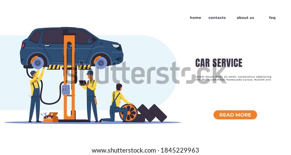 Car diagnostics landing page. Automobile repair, oil\
change and parts replacement, vehicle service center and mechanics\
in auto garage. Vector web page interface template with buttons and\
text