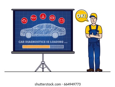Car diagnostics loading bar with serviceman vector illustration. Car technical maintenance concept with warning signs (check engine, oil pressure, generator, coolant level, brake system).