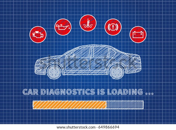 Car diagnostics
loading bar vector illustration. Car technical maintenance concept
with warning signs (check engine, oil pressure, generator, coolant
level, brake system).