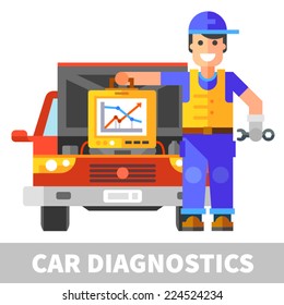 Car diagnostics. Mechanic, computer and vehicle. Vector flat illustration