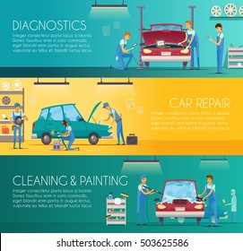 Diagnóstico de carro reparação manutenção e serviços de pintura de corpo auto desenhos animados retro banners horizontais definir ilustração vetorial isolado