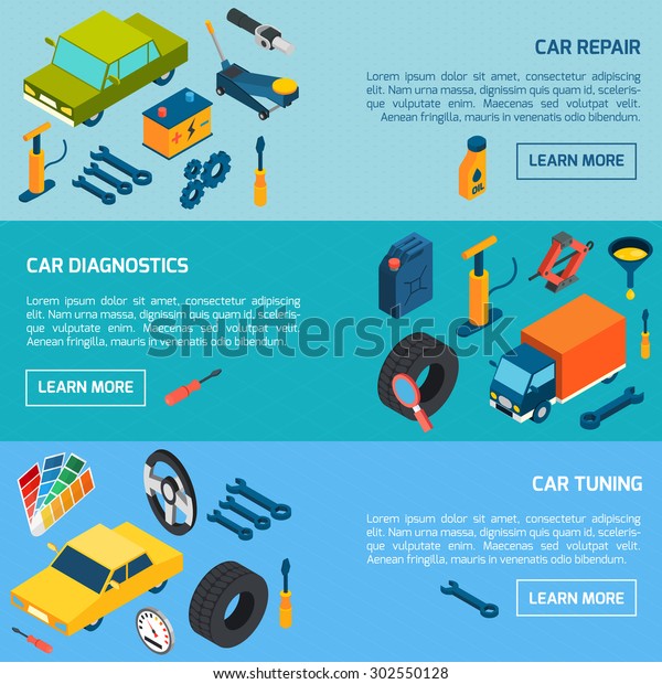 Car\
diagnostics repair and tuning with parts and consumables isometric\
horizontal banners set isolated vector\
illustration