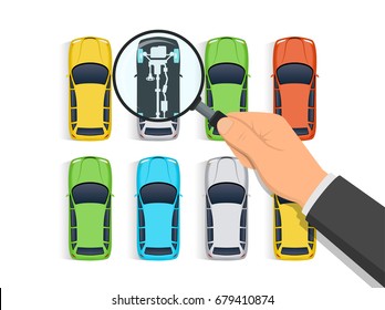 Car diagnostics vector illustration. Hand holding magnifying glass over row of cars