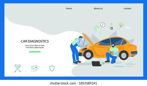 Car diagnostics website banner template with auto mechanics check parameters of car with diagnostic equipment. Car diagnostics in automotive repair services, flat vector illustration.