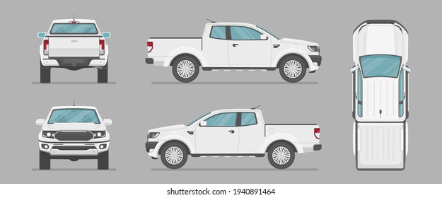 Car in different view. Front, back, top and side car projection. Flat illustration for designing. Vector pickup truck.