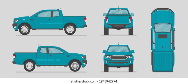 Car in different view. Front, back, top and side car projection. Flat illustration for designing. Vector pickup truck.