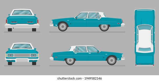 Coche con vistas diferentes. Proyección delantera, trasera, superior y lateral del coche. Ilustración plana para el diseño. Vector sedan auto.