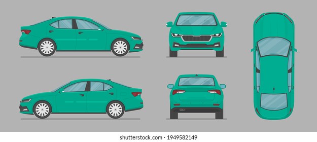 Car in different view. Front, back, top and side car projection. Flat illustration for designing. Vector sedan auto.