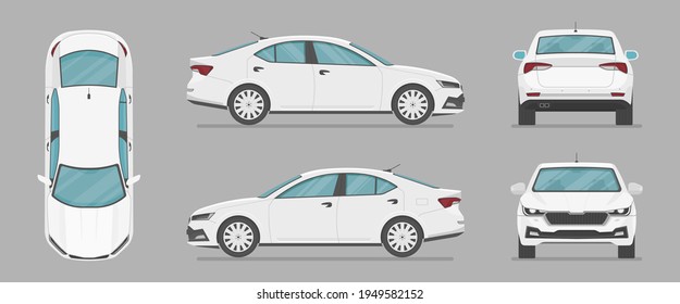 Car in different view. Front, back, top and side car projection. Flat illustration for designing. Vector sedan auto.