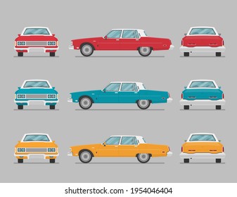 Car in different view. Front, back, top and side car projection. Flat illustration for designing. Vector sedan auto.
