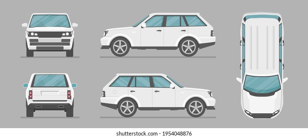 Coche con vistas diferentes. Proyección delantera, trasera, superior y lateral del coche. Ilustración plana para el diseño. Vector suv.