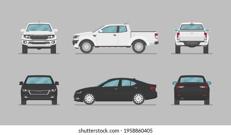 Car in different view. Front, back, top and side car projection. Flat illustration for designing. Vector auto.