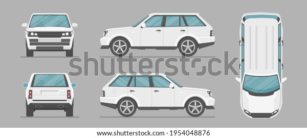Car in different\
view. Front, back, top and side car projection. Flat illustration\
for designing. Vector suv.
