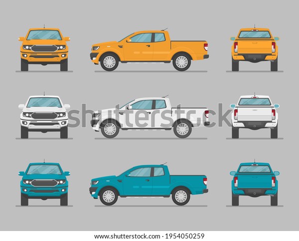 Car in\
different view. Front, back, top and side car projection. Flat\
illustration for designing. Vector pickup\
truck.