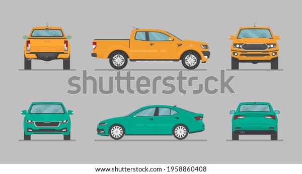 Car in different\
view. Front, back, top and side car projection. Flat illustration\
for designing. Vector\
auto.