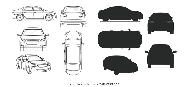 car in different view Side front back and top view silhouette flat illustration