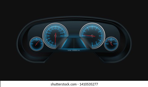 Car Digital Dashboard Screen With Glowing Blue Speedometer, Tachometer, Fuel Level, Engine Temperature Indicators Scales Realistic Vector Isolated On Black Background. Auto Interior Design Element