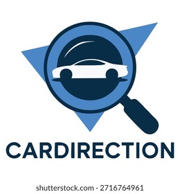 Plantilla del logotipo del Vector de la dirección del coche con el símbolo de la lupa conveniente para la ayuda de la conducción de la navegación del buscador y la identidad orientada automotriz de la marca