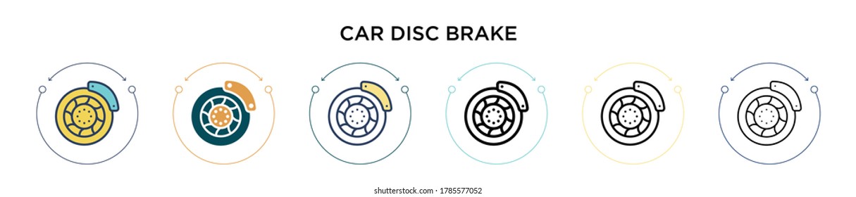 Car disc brake icon in filled, thin line, outline and stroke style. Vector illustration of two colored and black car disc brake vector icons designs can be used for mobile, ui, web